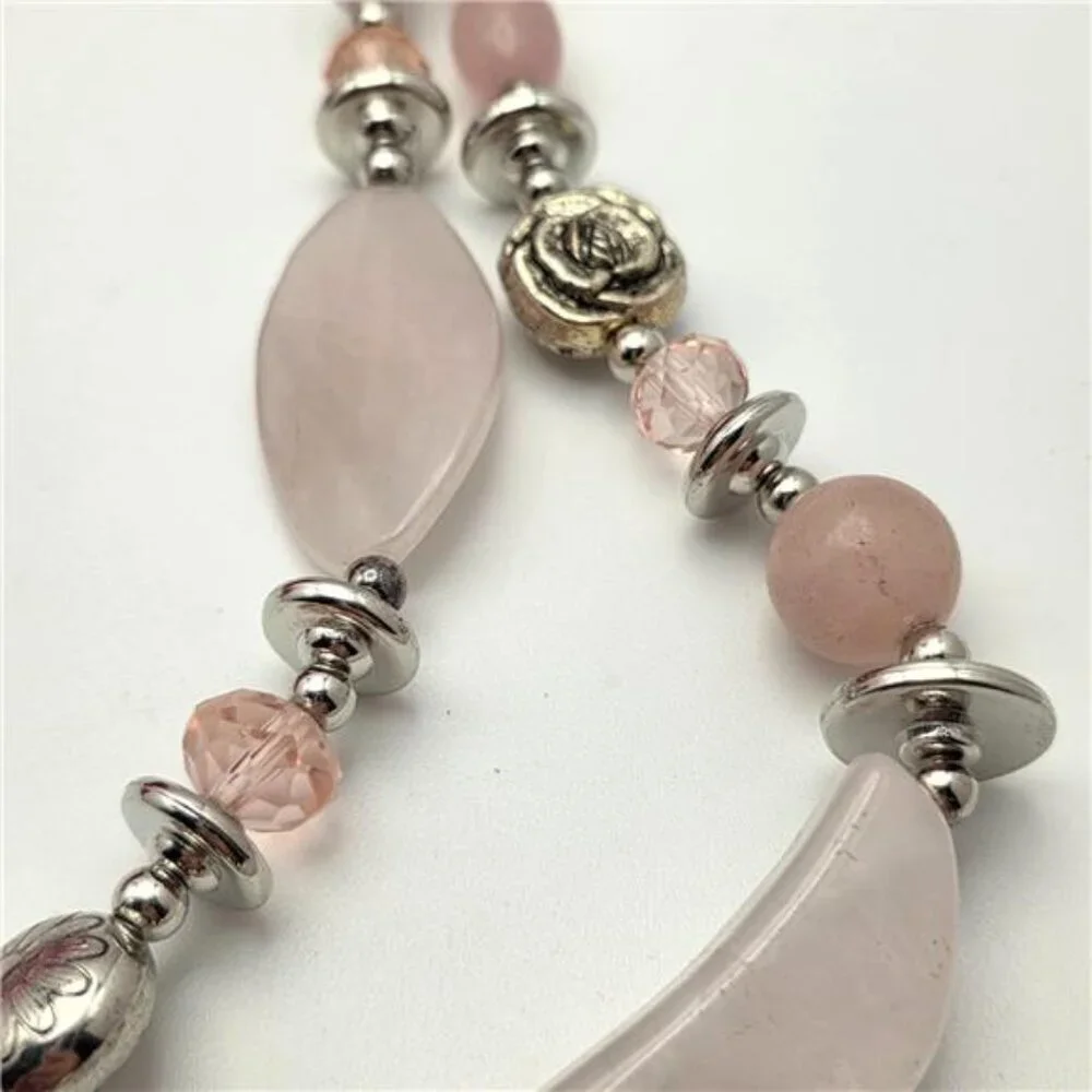 Rose Quartz Silver Tone Double Strand Statement Necklace 35 In Adjustable